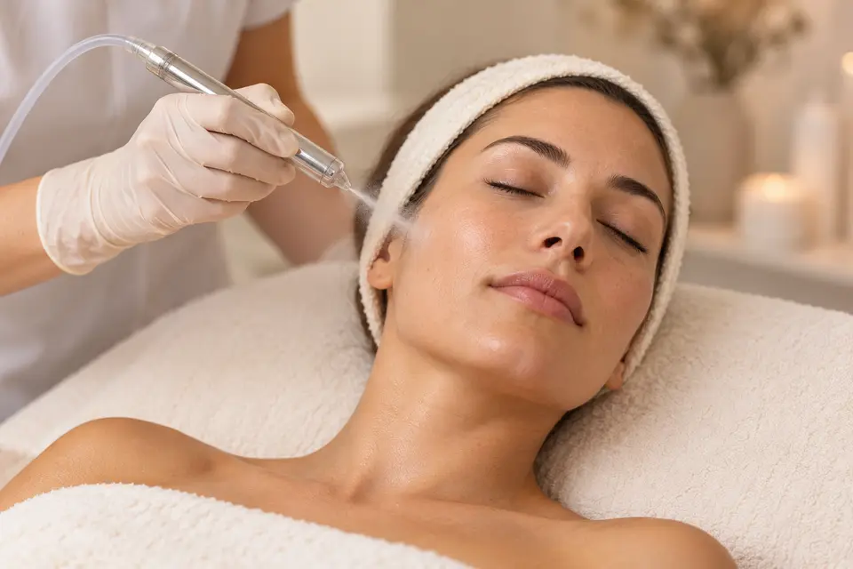 Illustration d’un soin JetPeel du visage dans une ambiance douce aux tons crème
