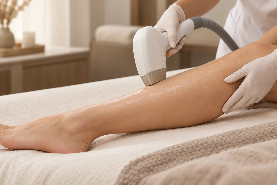 Illustration d’une séance d’épilation laser sur une jambe